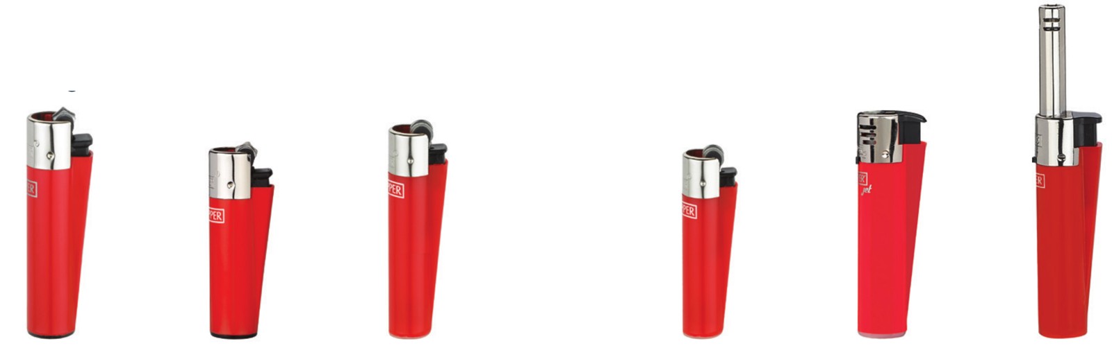 Модели зажигалок CLIPPER в реальных размерах: CP11, CP12, CP21, CP22, CKJ11 Jet Flame, Minitube