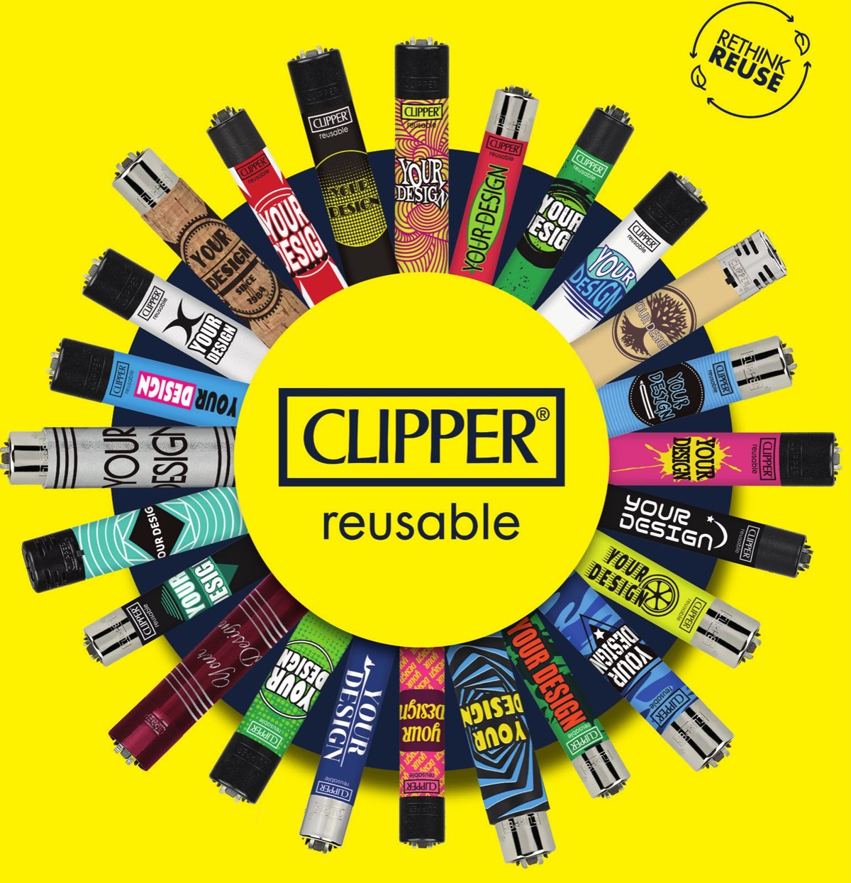 Зажигалки CLIPPER с разными дизайнами, разложенные по кругу