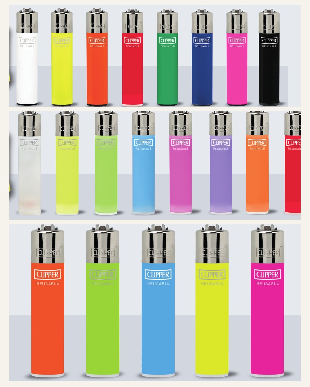 Коллекция CLIPPER Solid, Translucent, Fluo: однотонные и полупрозрачные зажигалки