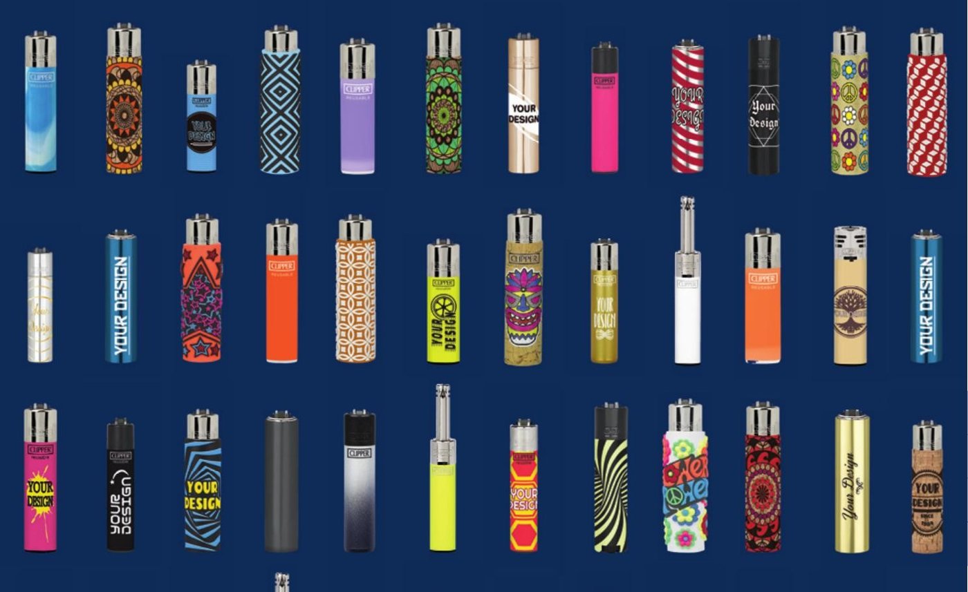 Витрина с разными дизайнами зажигалок CLIPPER